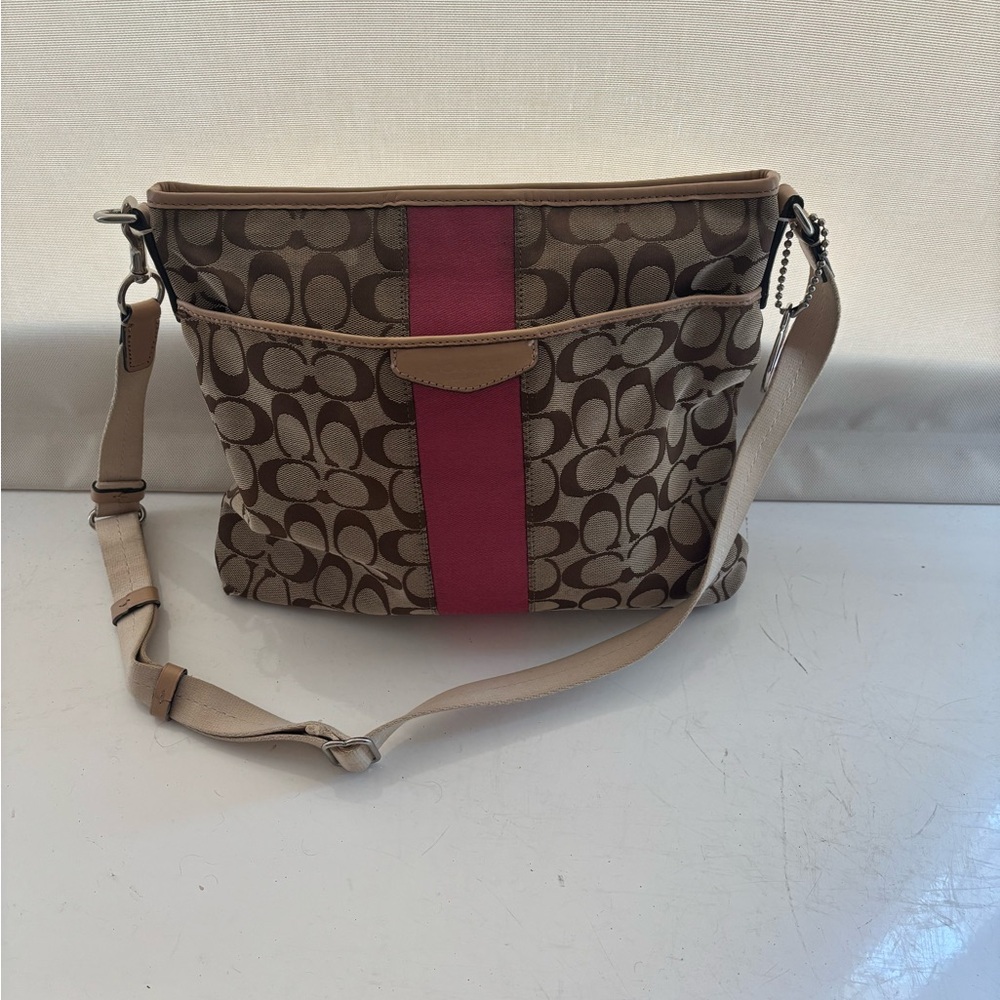 Coach Signature Monogram Canvas Crossbody with Pink Center Stripe